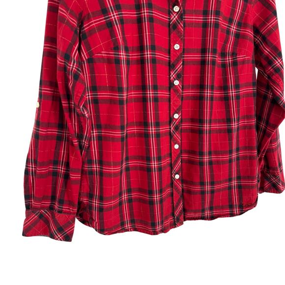 Talbots Medium Red Gold Metallic Plaid Long Sleeve Christmas Blouse Shirt TOp - Picture 4 of 7